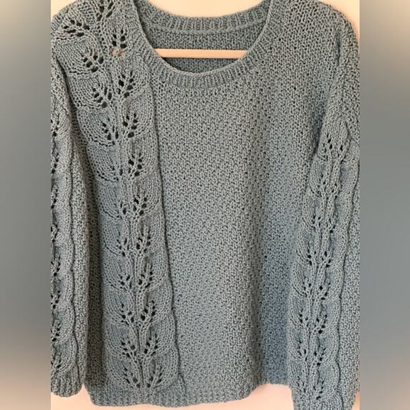 Cotton Hand Made Crew Neck Long Sleeves Teal Cable Knit Sweater size Medium - Picture 7 of 9